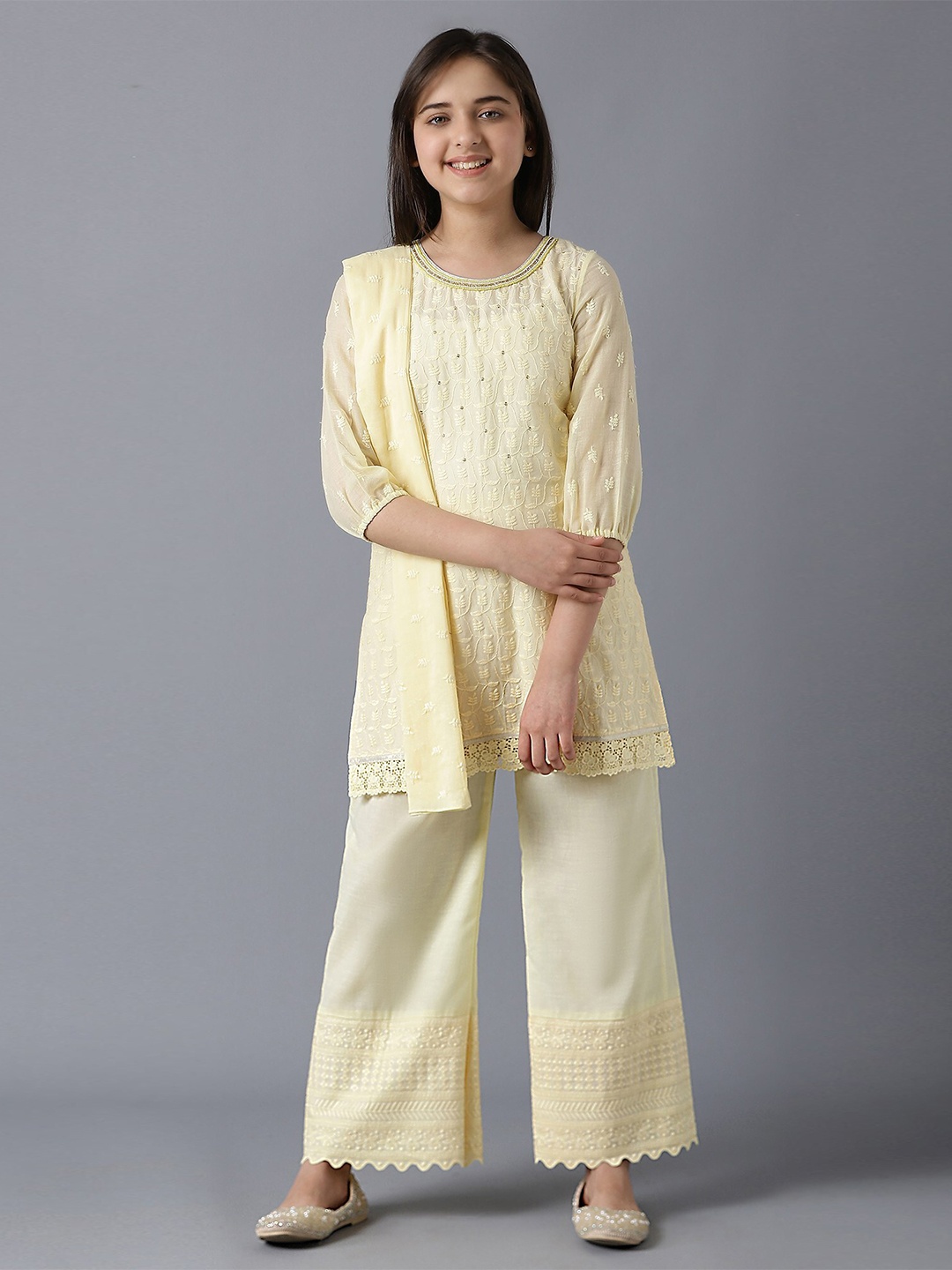 AURELIA Girls Yellow Floral Embroidered Thread Work Kurta with Trousers & Dupatta