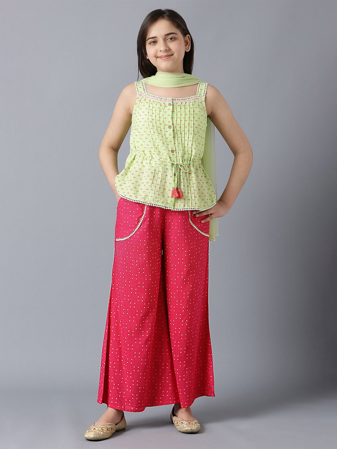 

AURELIA Girls Green Printed Pleated Kurti with Palazzos & Dupatta