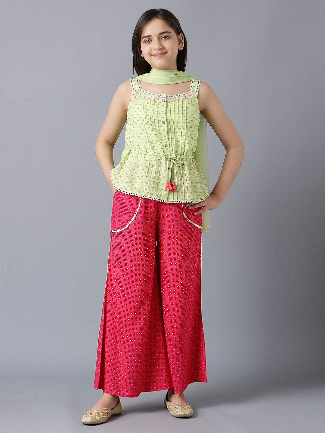 

AURELIA Girls Green & Pink Palazzos with Dupatta