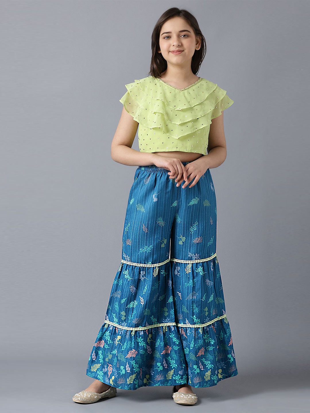 

AURELIA Girls Green Self Design Top with Sharara