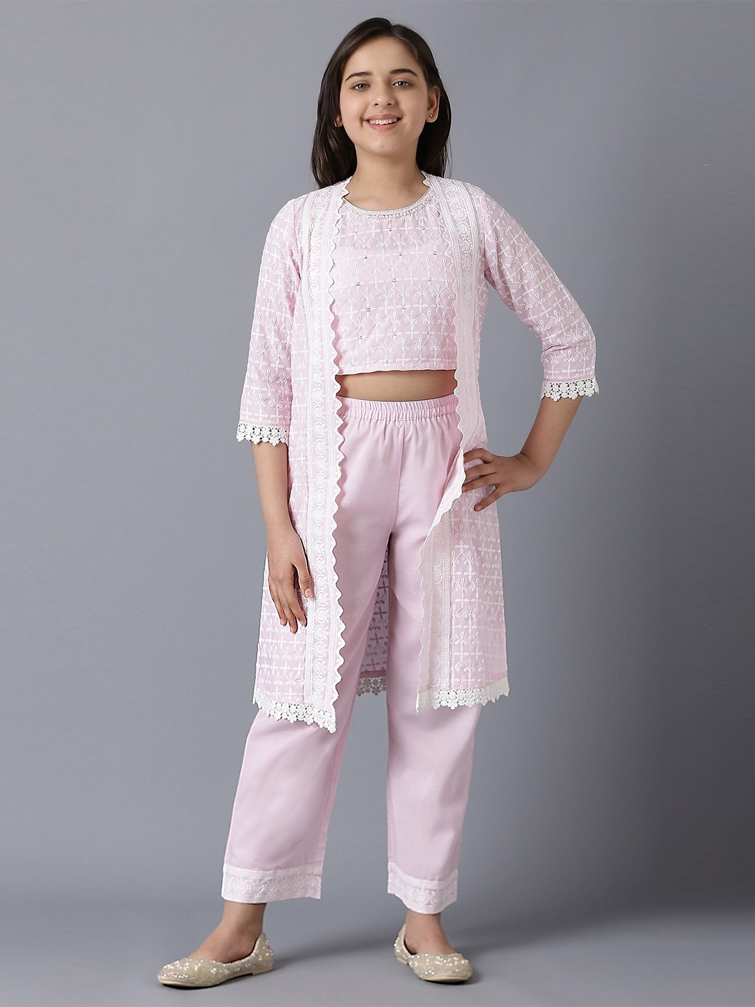

AURELIA Girls Purple Floral Embroidered Thread Work Top with Trousers