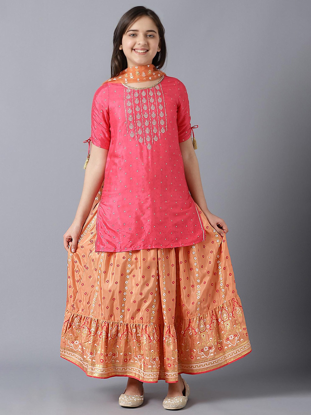 

AURELIA Girls Pink Ethnic Motifs Embroidered Kurta with Skirt & Dupatta