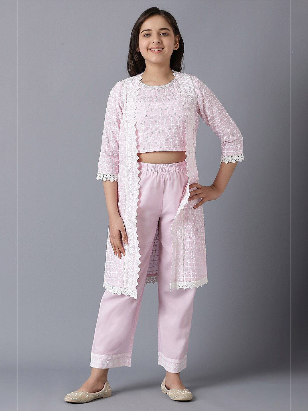 

AURELIA Girls Pink Top with Trousers & Ethnic Jacket