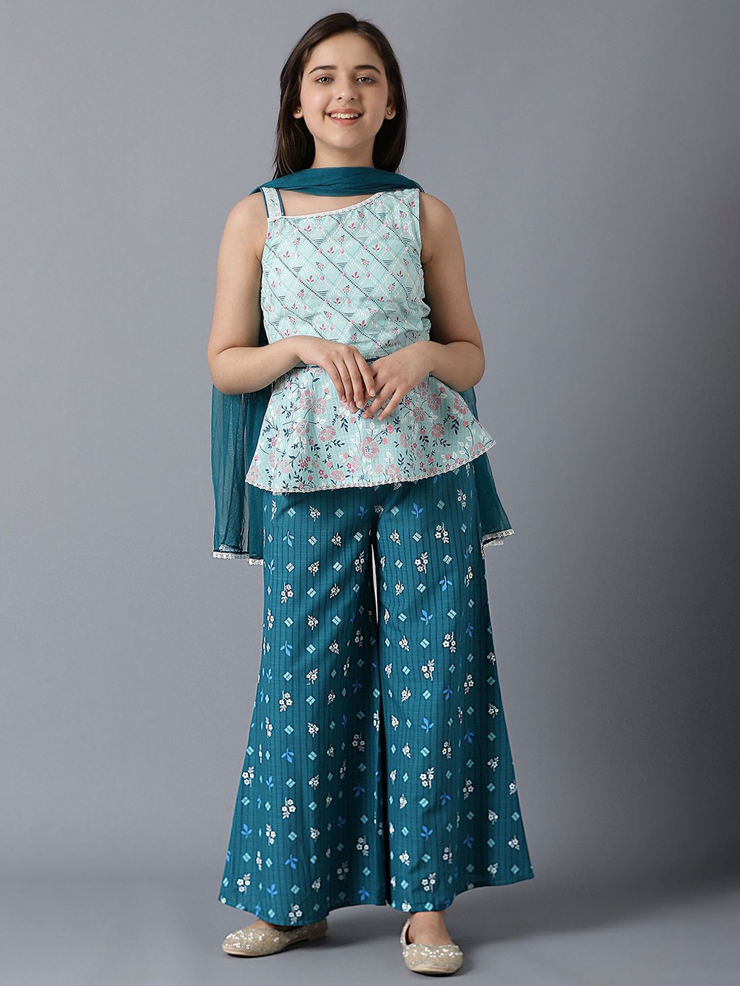 

AURELIA Girls Green & White Printed Tunic with Palazzos