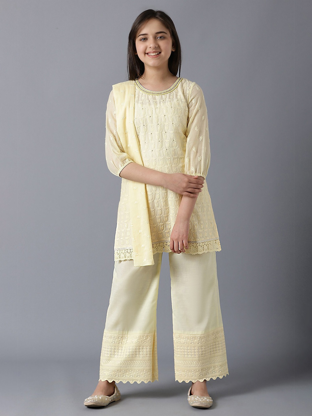 

AURELIA Girls Yellow Ethnic Motifs Embroidered Kurta with Palazzos & With Dupatta