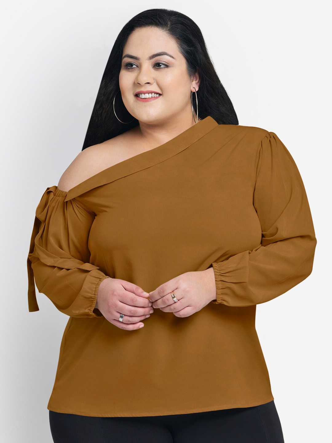 

wild U Brown One Shoulder Plus Size Crepe Top