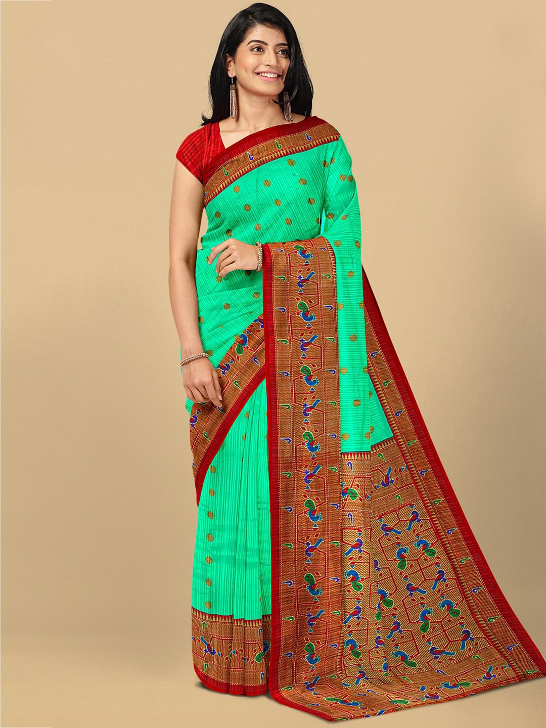 

Kalamandir Teal & Red Pure Linen Saree, Green