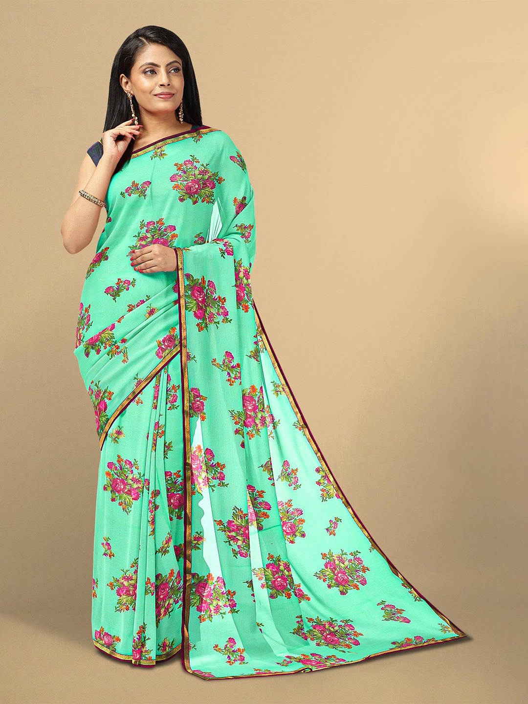 

Kalamandir Sea Green & Pink Floral Saree