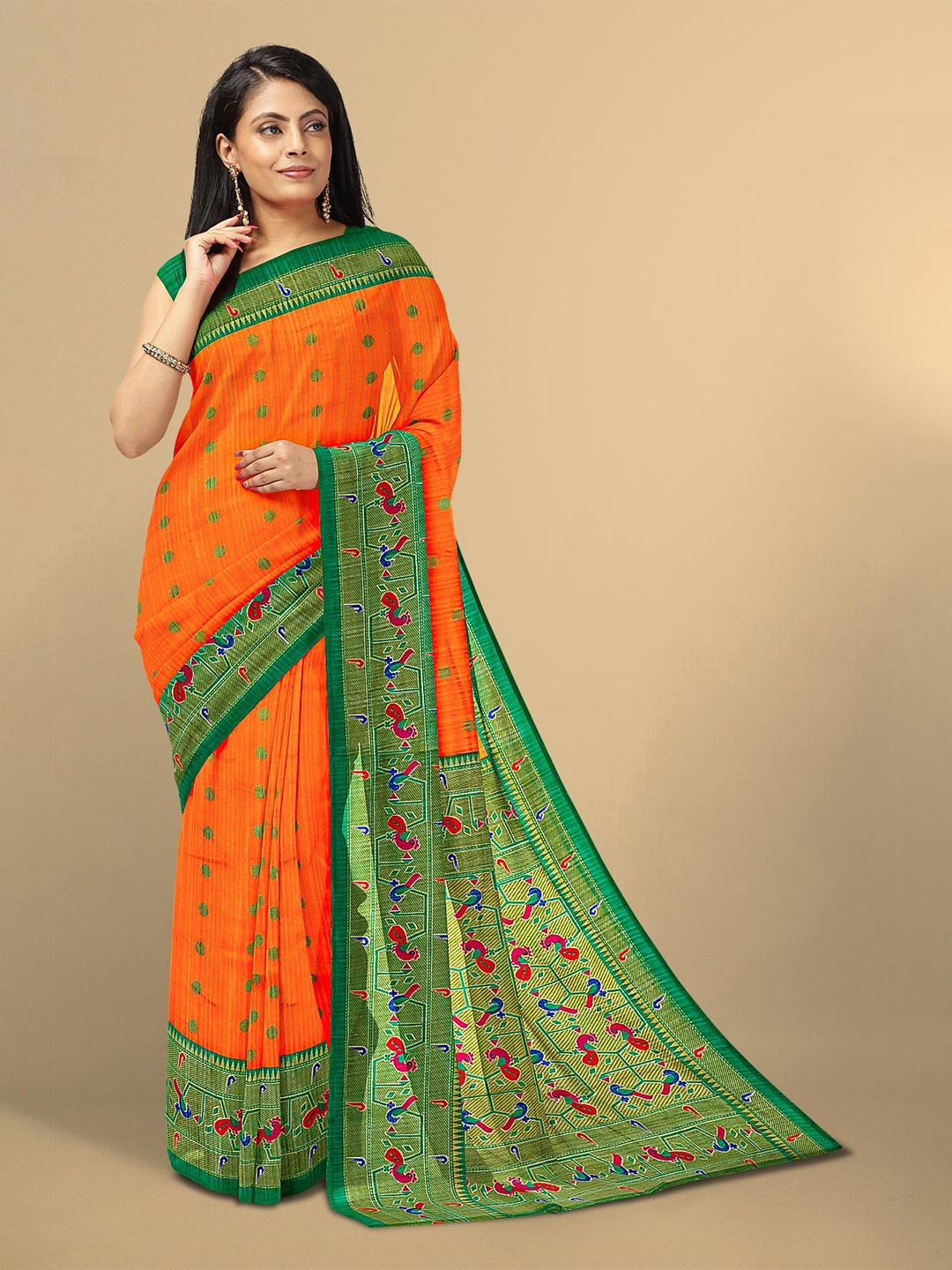 

Kalamandir Women Orange Ethnic Motifs Printed Saree