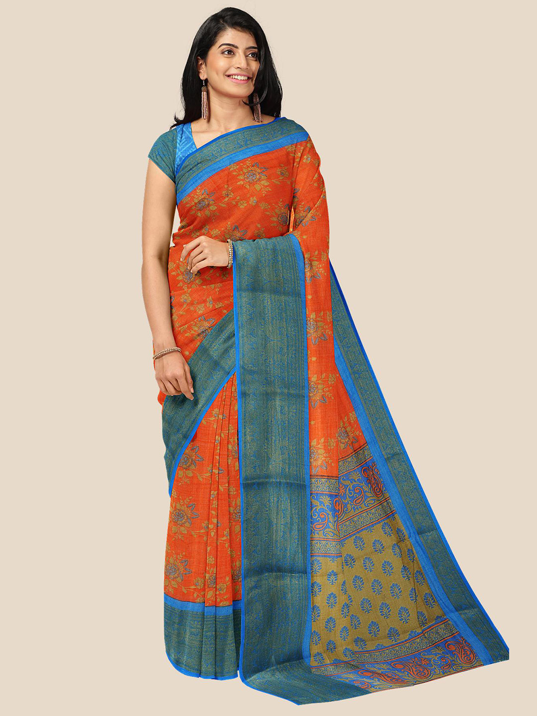 

Kalamandir Orange & Blue Floral Zari Pure Linen Saree