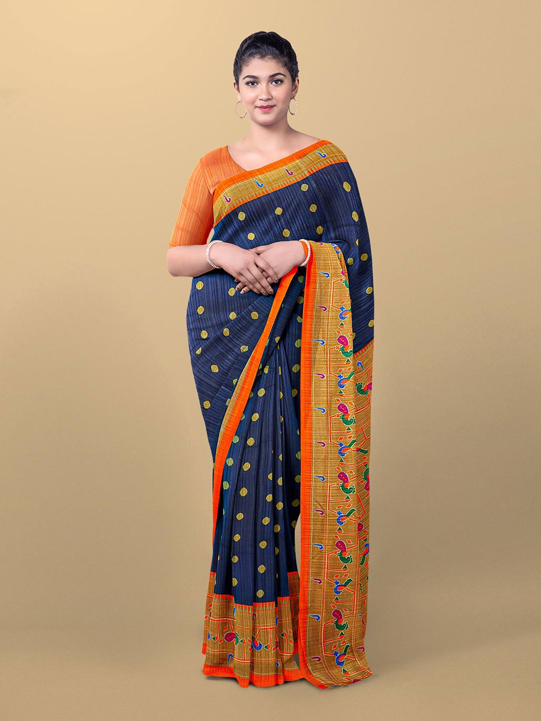 

Kalamandir Navy Blue & Orange Pure Linen Saree
