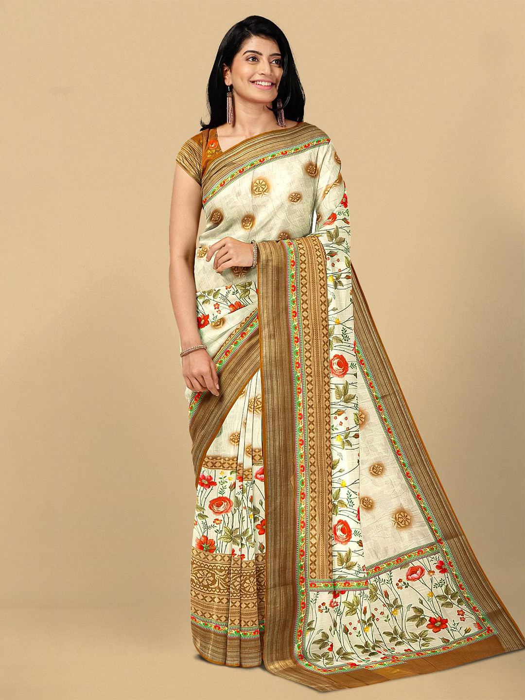 

Kalamandir Beige & Red Floral Pure Linen Saree