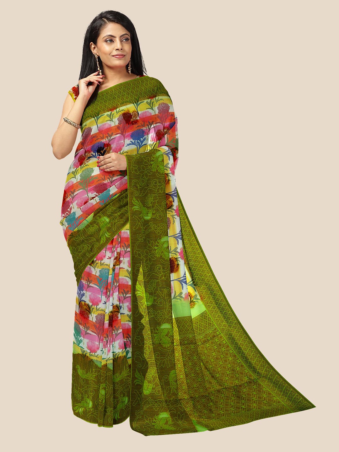 

Kalamandir Women Green Floral Print Jute Silk Saree