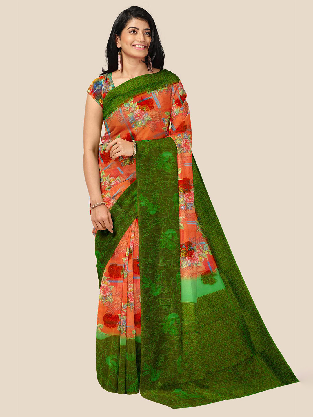 

Kalamandir Orange & Green Floral Jute Silk Saree