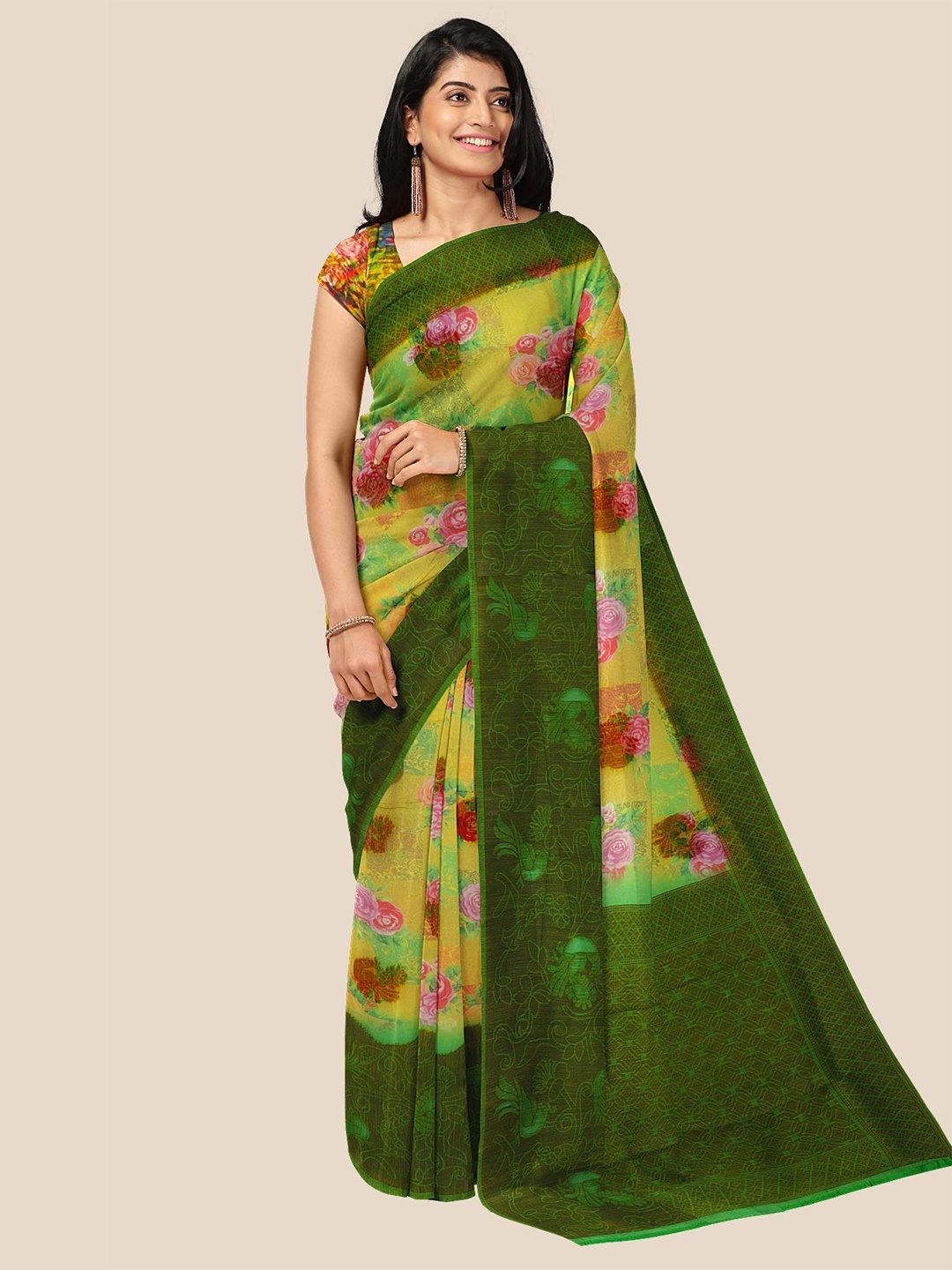

Kalamandir Yellow & Green Floral Jute Silk Saree