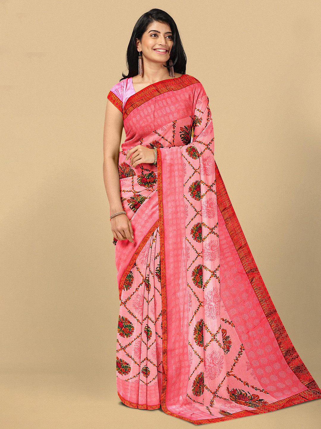 

Kalamandir Pink Floral Zari Silk Blend Saree