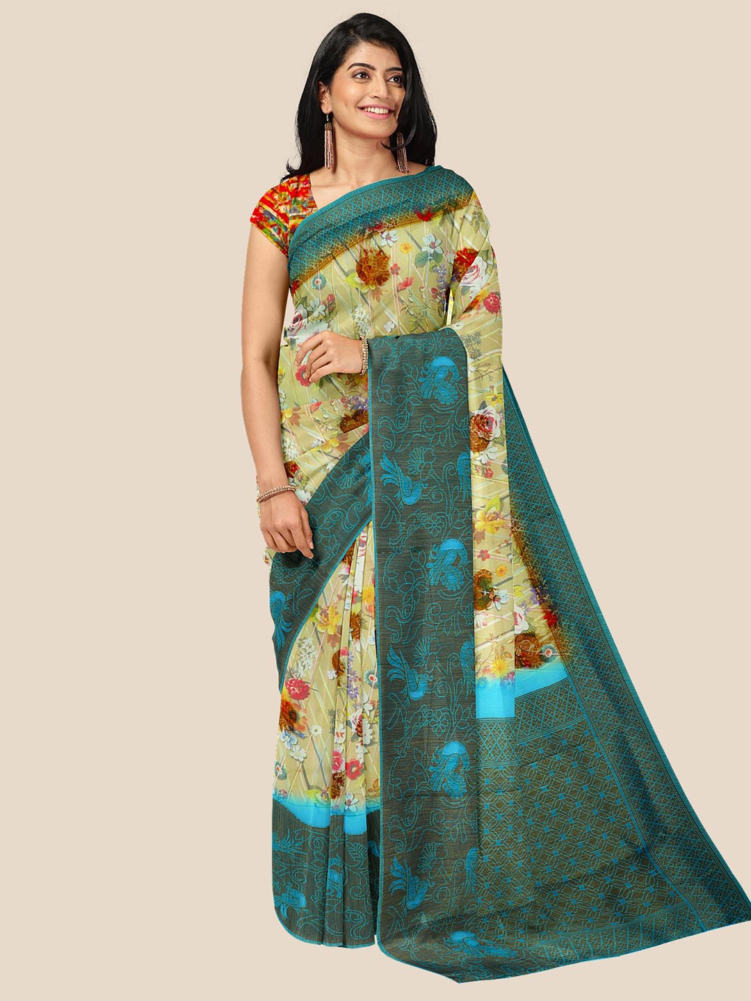 

Kalamandir Yellow & Green Floral Zari Jute Silk Saree