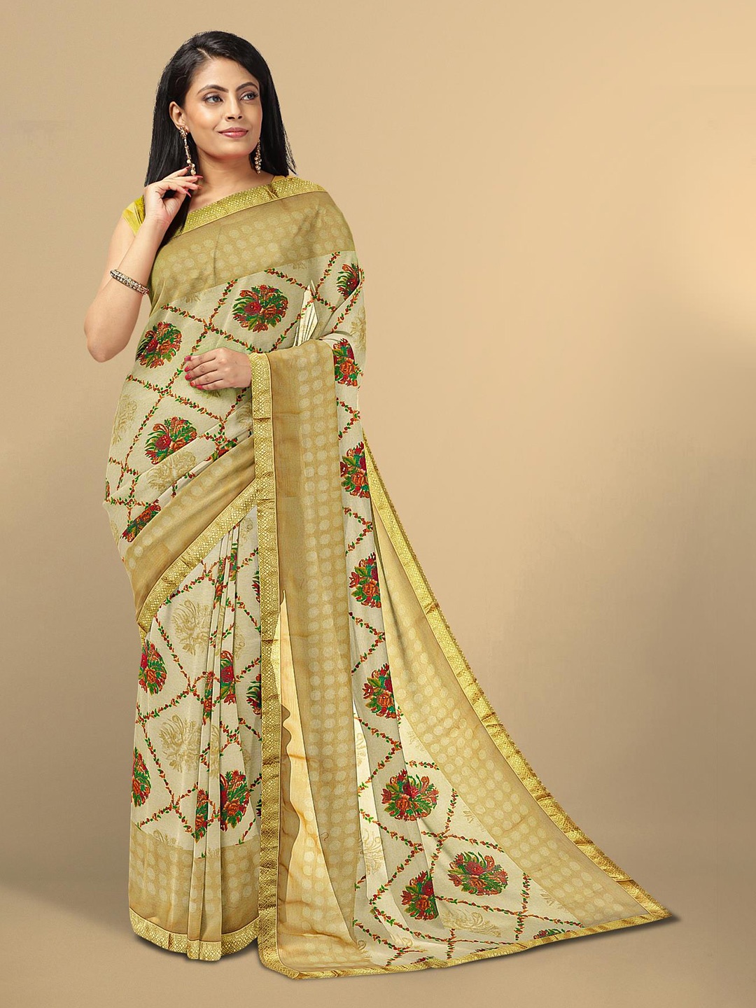 

Kalamandir Cream-Coloured & Red Floral Silk Blend Saree