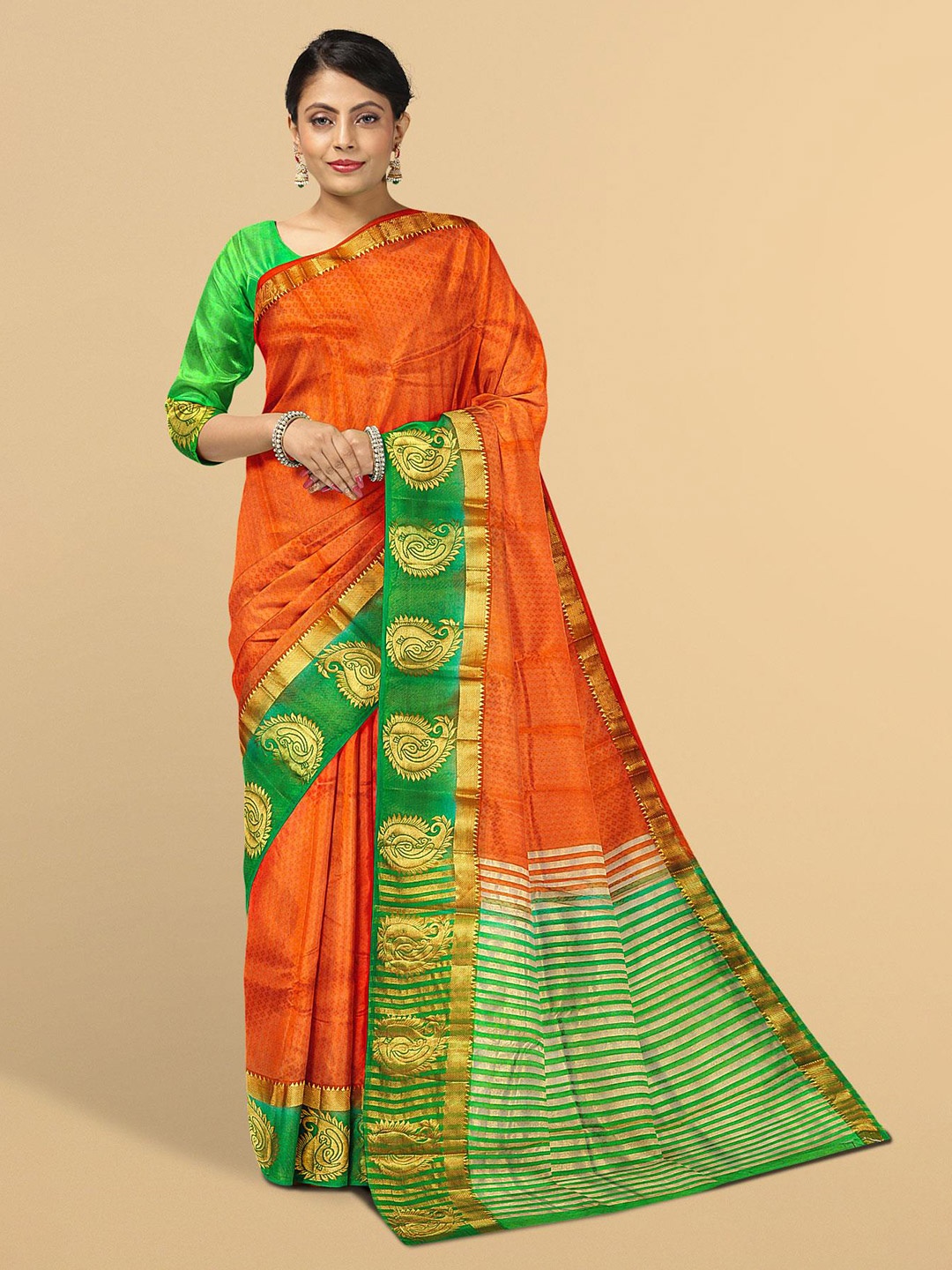 

Kalamandir Orange & Green Woven Design Zari Saree