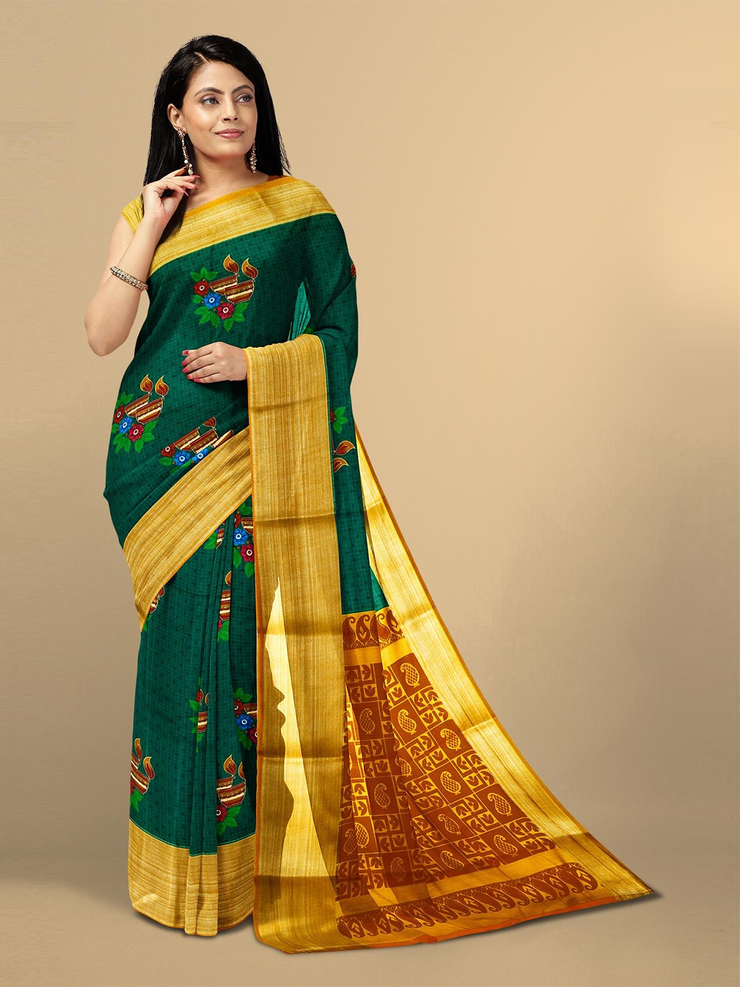 

Kalamandir Teal & Gold-Toned Floral Zari Pure Linen Saree