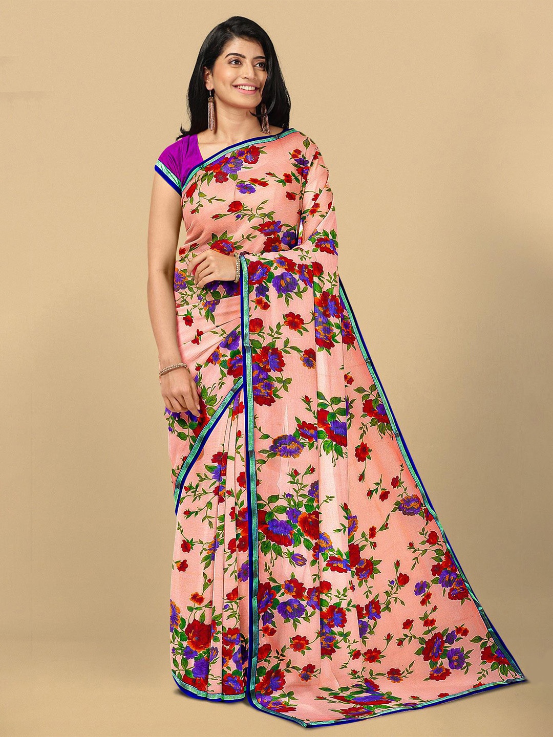 

Kalamandir Peach-Coloured & Red Floral Pure Georgette Saree