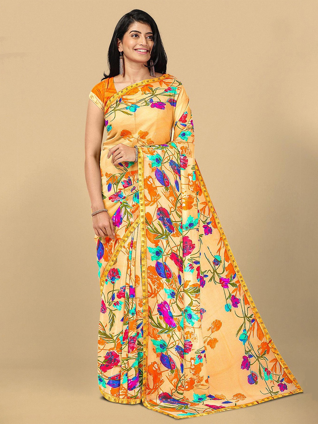 

Kalamandir Orange & Pink Floral Beads and Stones Pure Georgette Saree