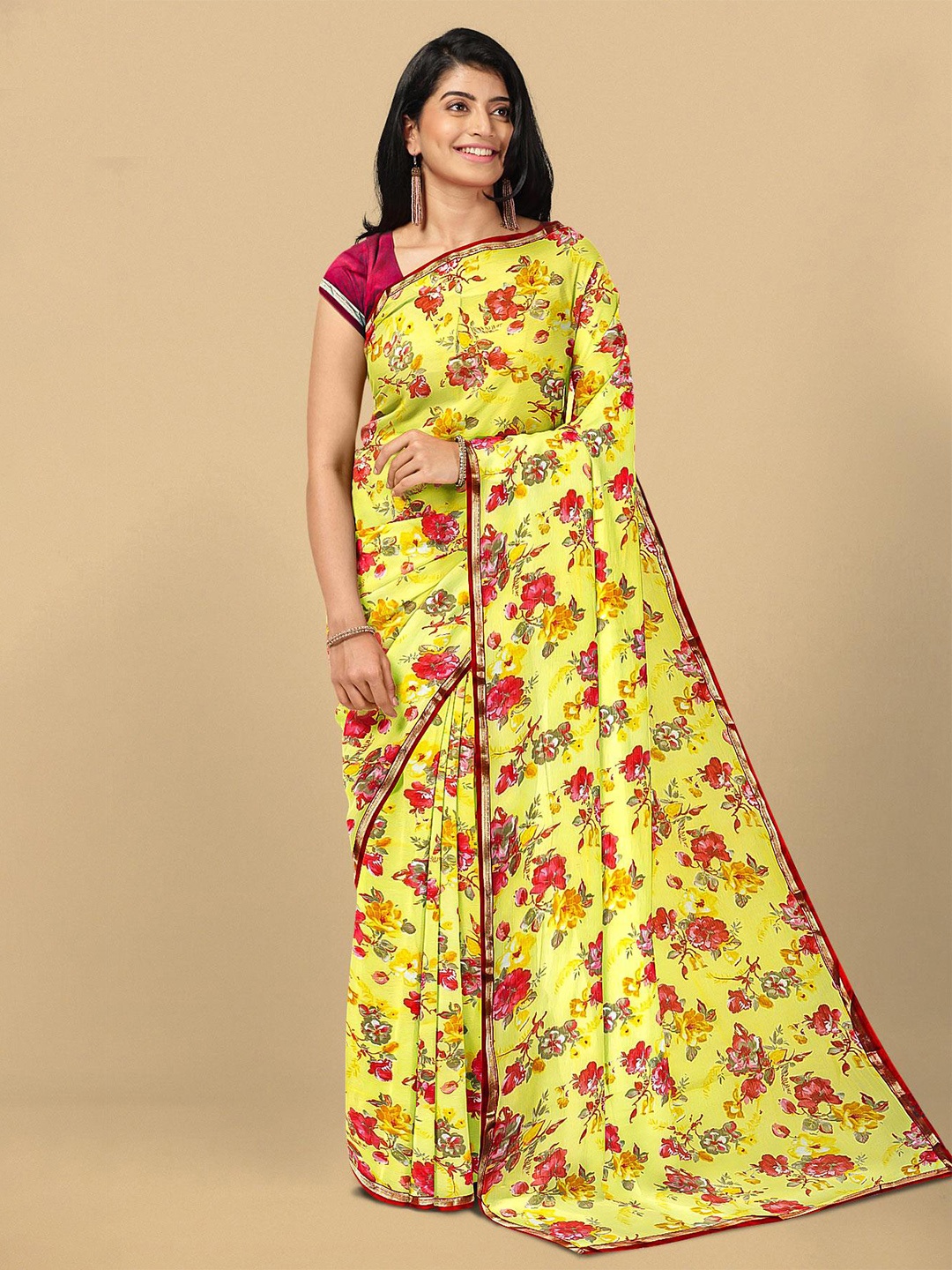 

Kalamandir Yellow & Red Floral Saree