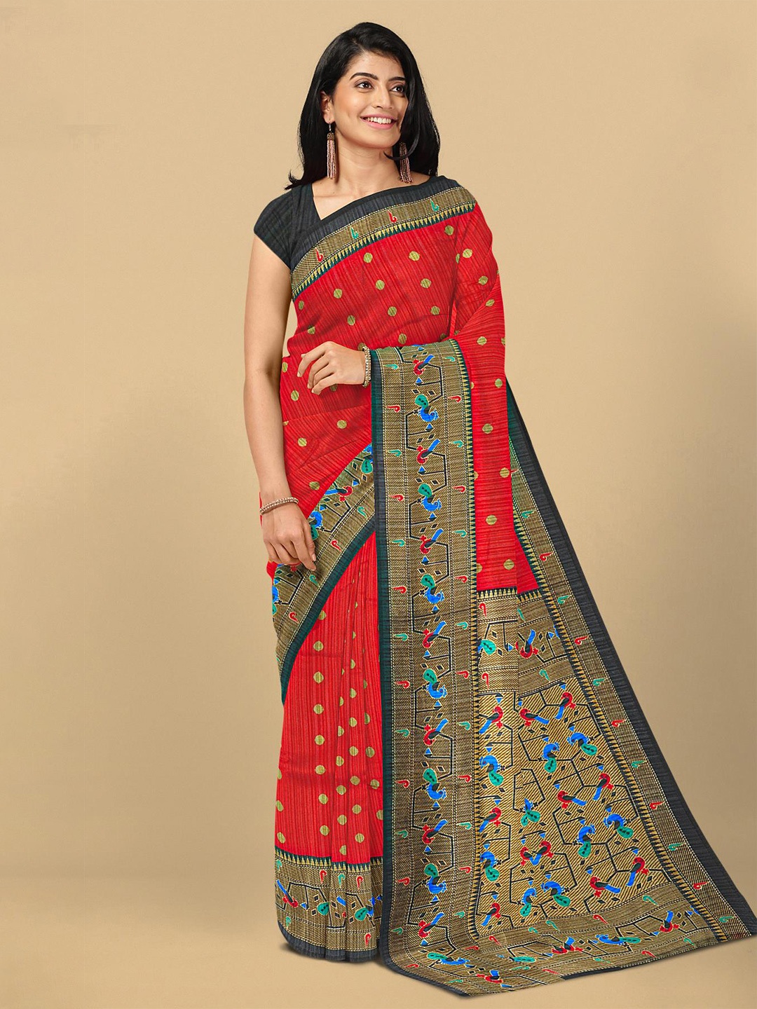 

Kalamandir Red & Blue Ethnic Motifs Pure Linen Saree