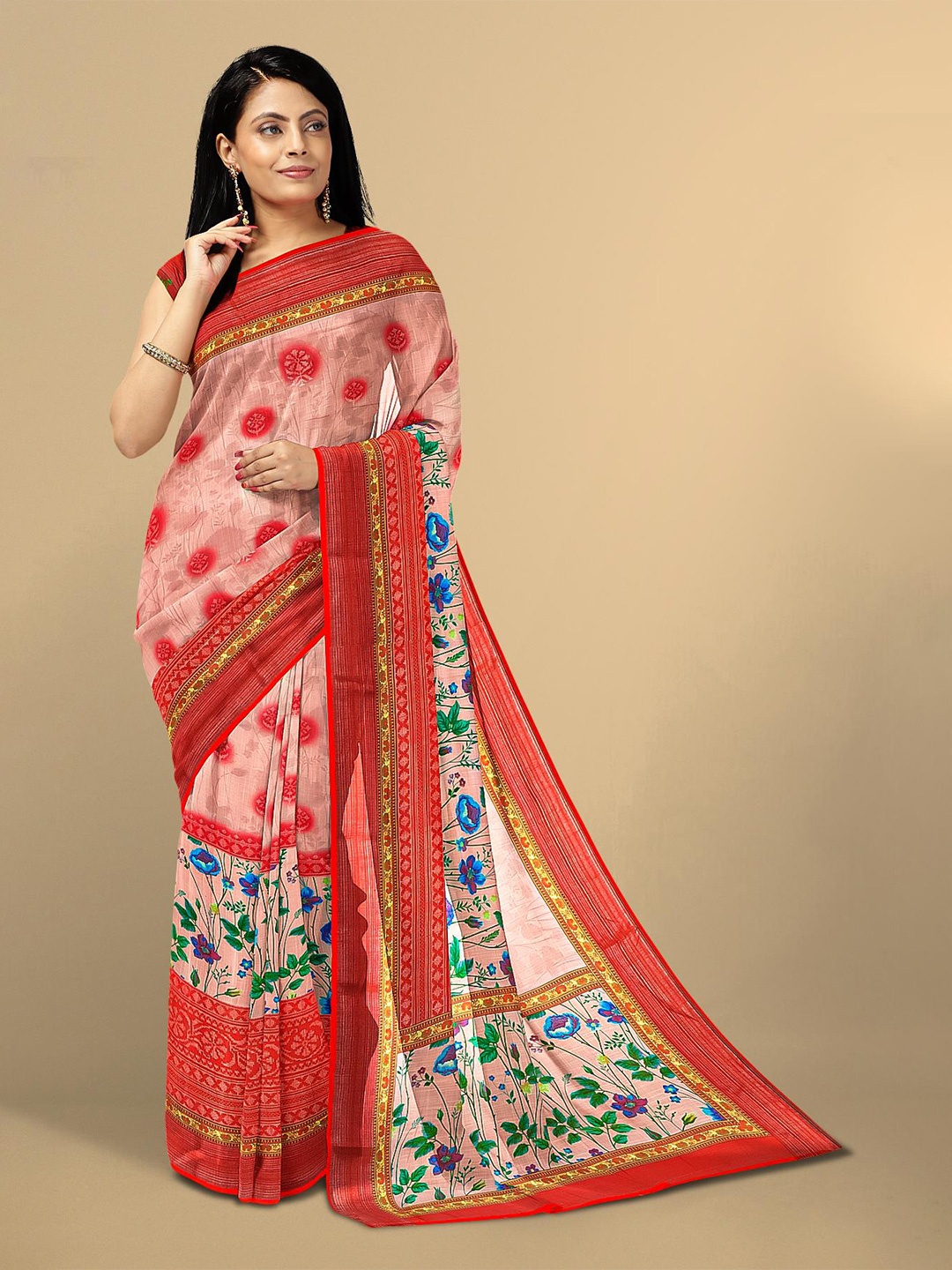 

Kalamandir Pink & Green Floral Pure Linen Saree