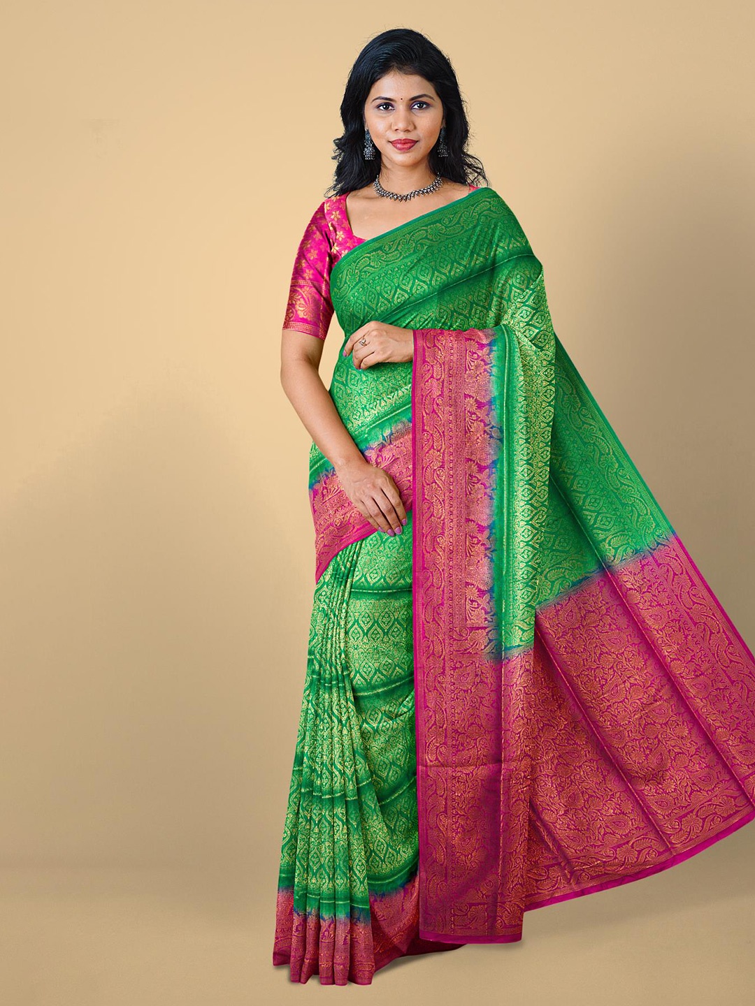 

Kalamandir Green & Pink Ethnic Motifs Zari Banarasi Saree