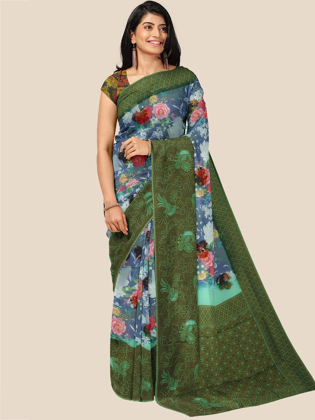 

Kalamandir Blue & Green Floral Jute Silk Saree