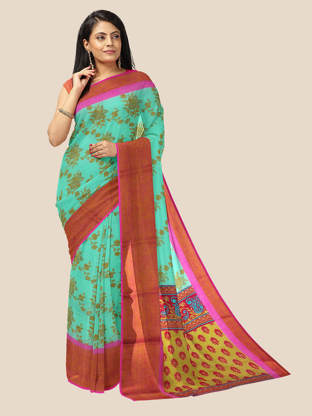 

Kalamandir Sea Green & Pink Floral Pure Linen Saree