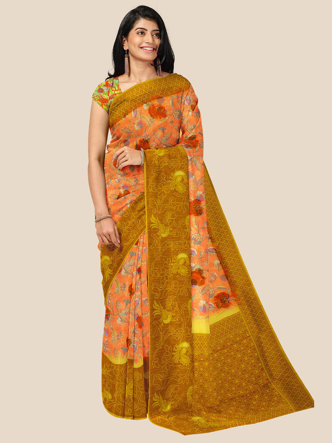 

Kalamandir Women Orange Floral Printed Jute Silk Saree