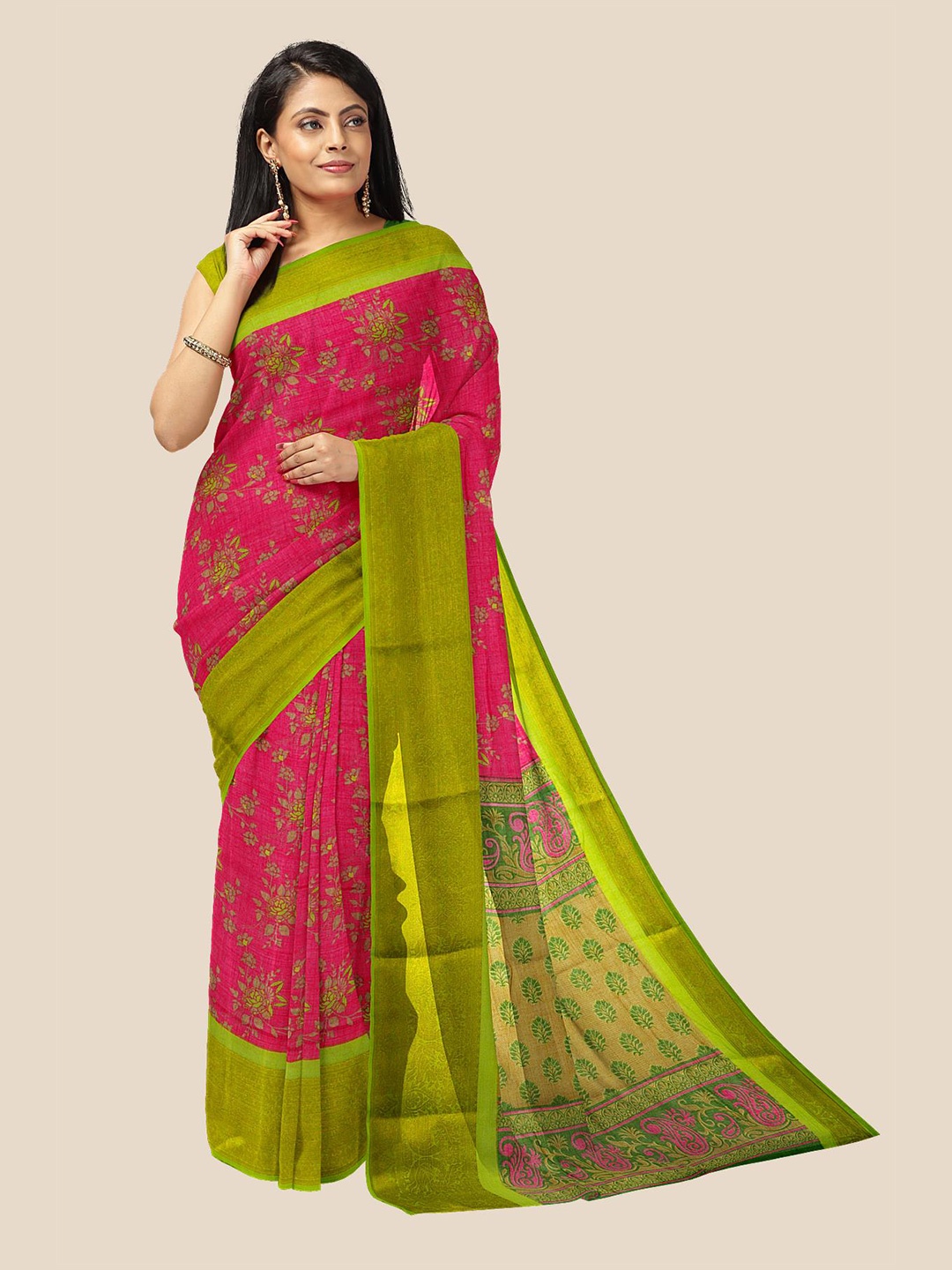 

Kalamandir Pink & Green Floral Zari Pure Linen Saree