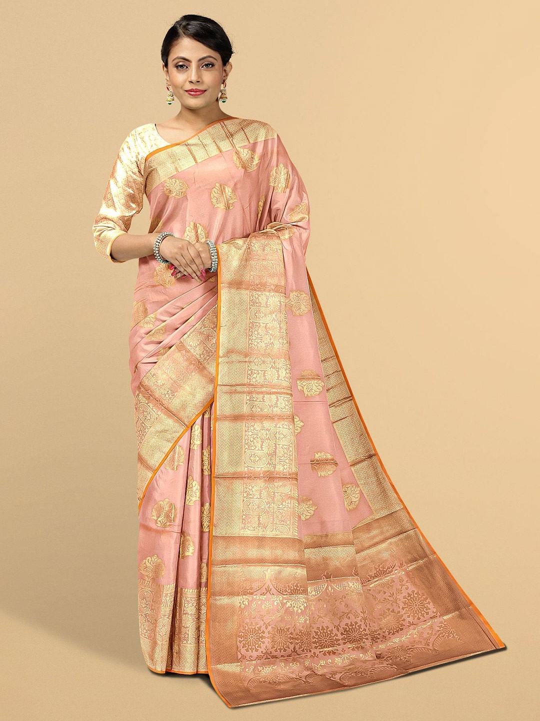 

Kalamandir Pink & Gold-Toned Ethnic Motifs Zari Saree