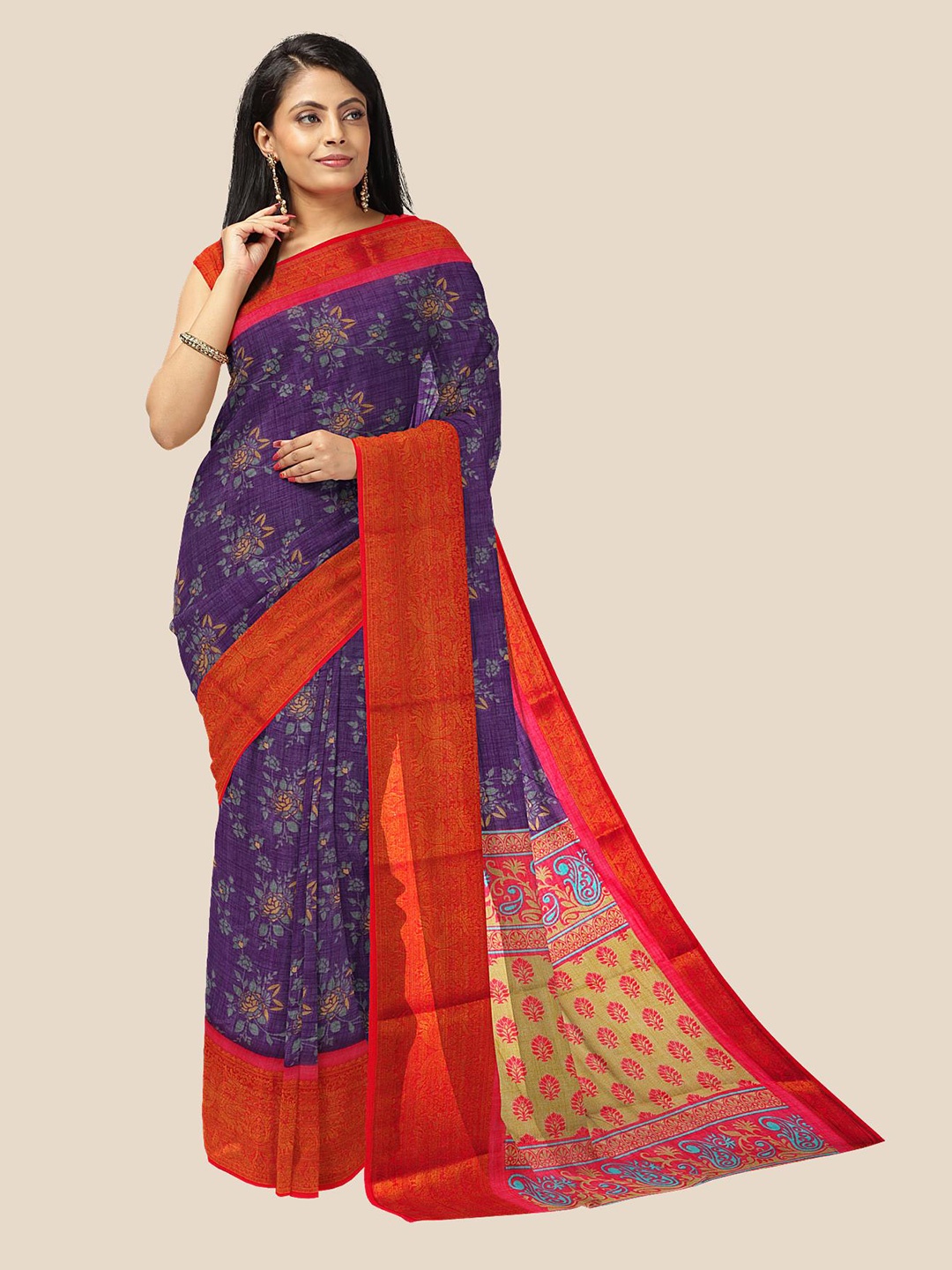 

Kalamandir Purple & Red Floral Pure Linen Saree