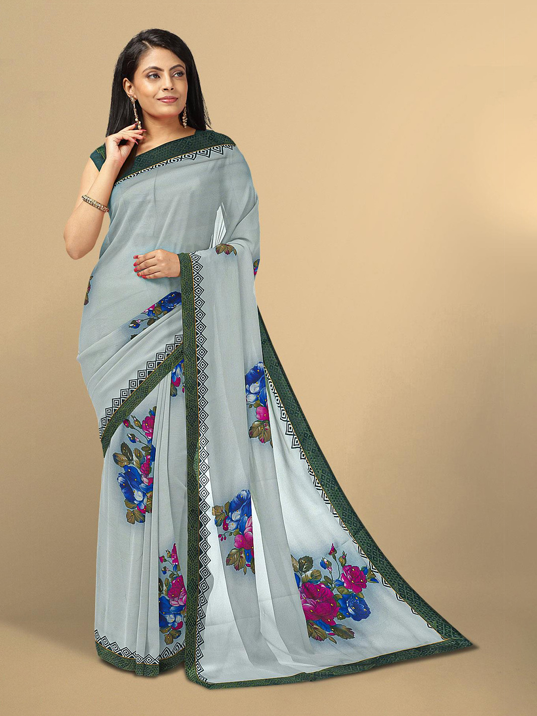 

Kalamandir Grey & Blue Floral Saree