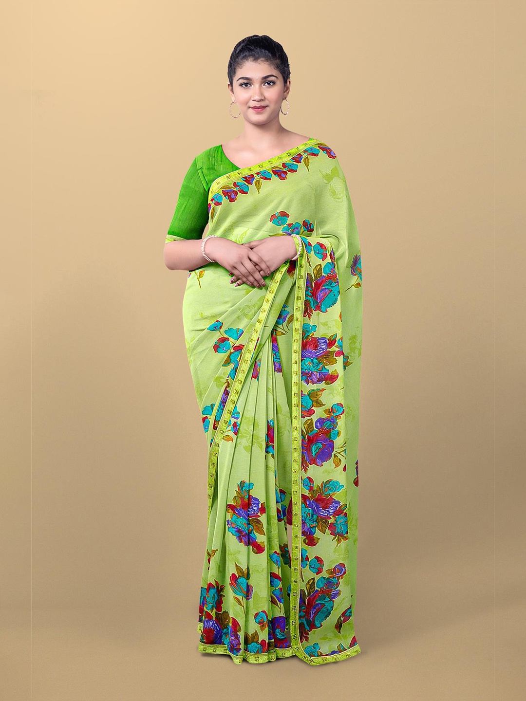 

Kalamandir Green & Blue Floral Pure Georgette Saree