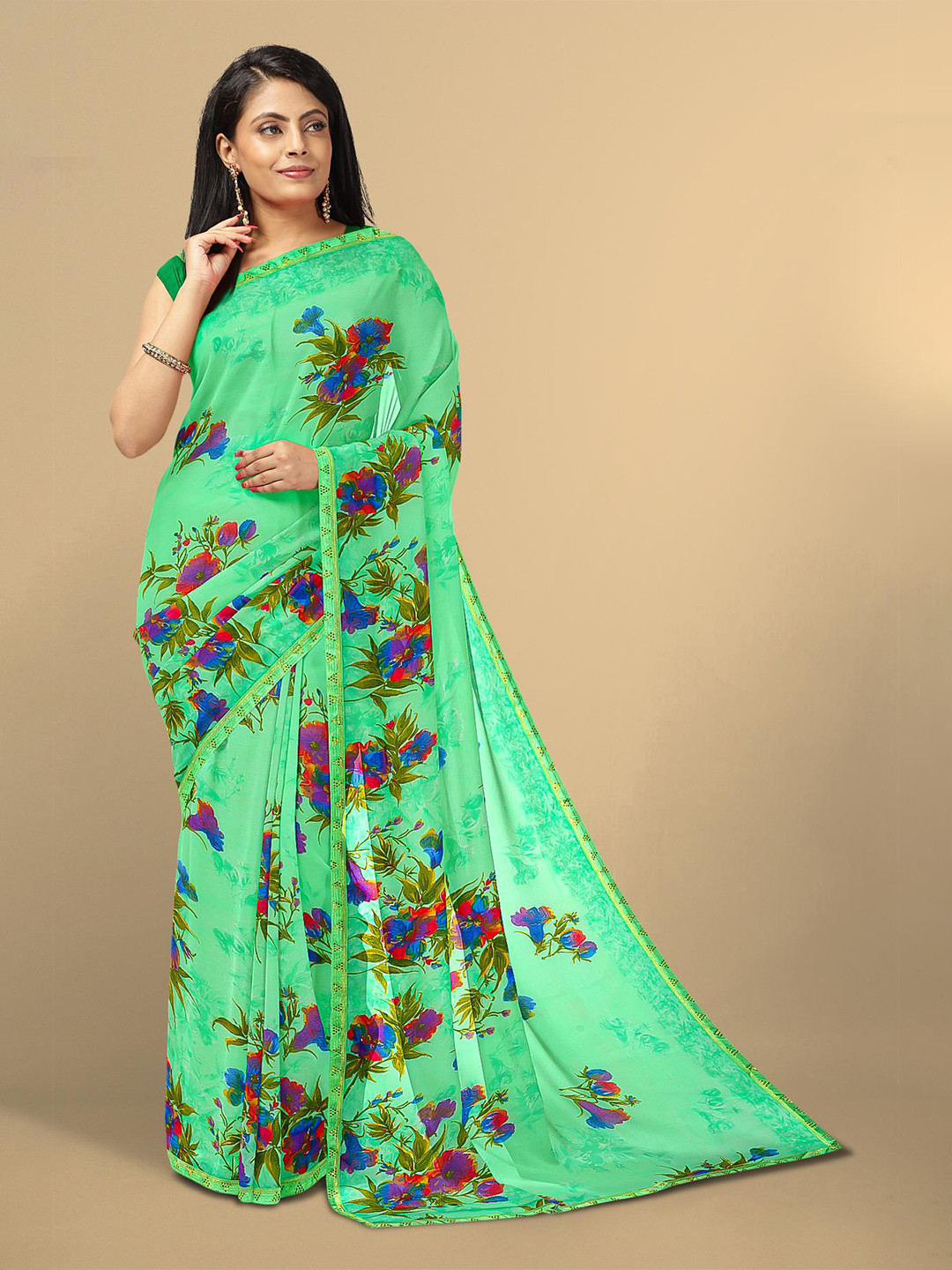 

Kalamandir Green & Blue Floral Beads and Stones Pure Georgette Saree