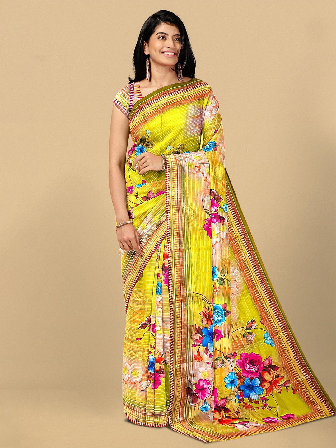 

Kalamandir Lime Green & Blue Floral Silk Blend Saree