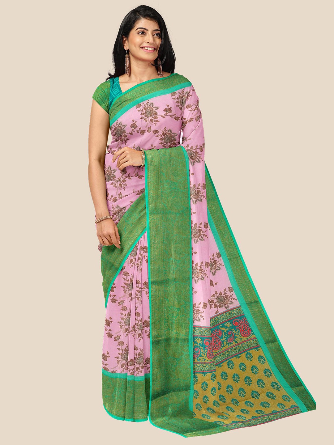 

Kalamandir Pink & Green Floral Print Pure Linen Saree