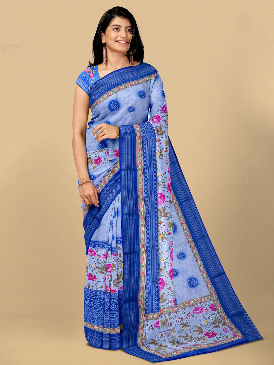 

Kalamandir Blue & Pink Floral Pure Linen Saree