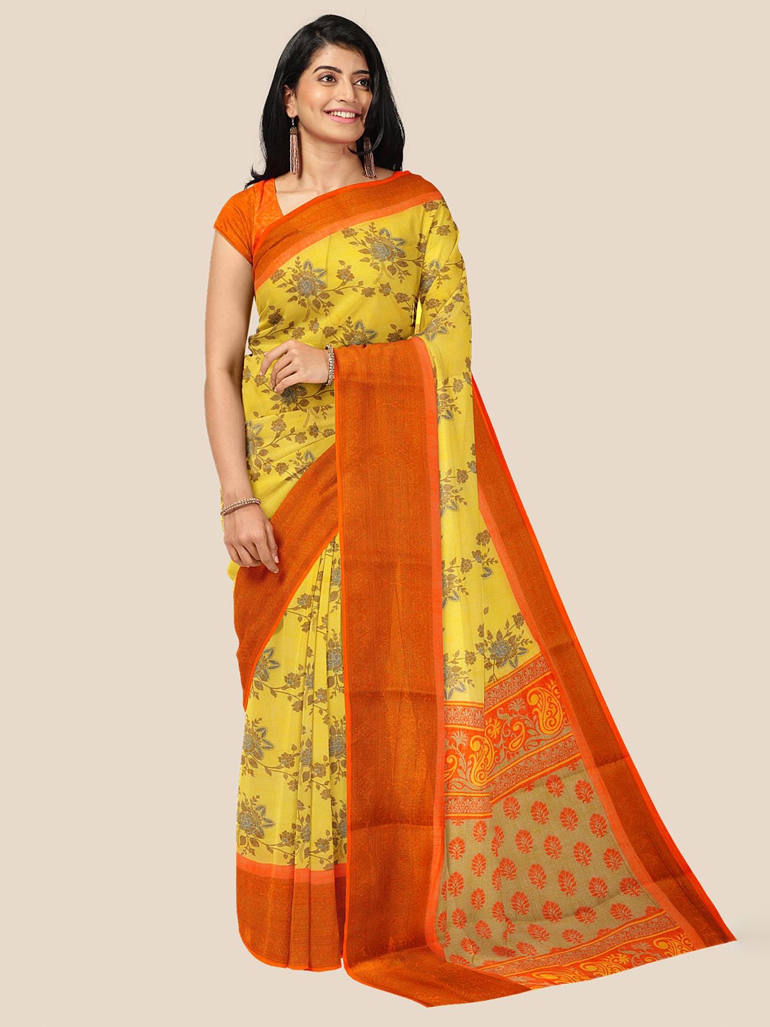 

Kalamandir Yellow & Orange Floral Silk Blend Saree