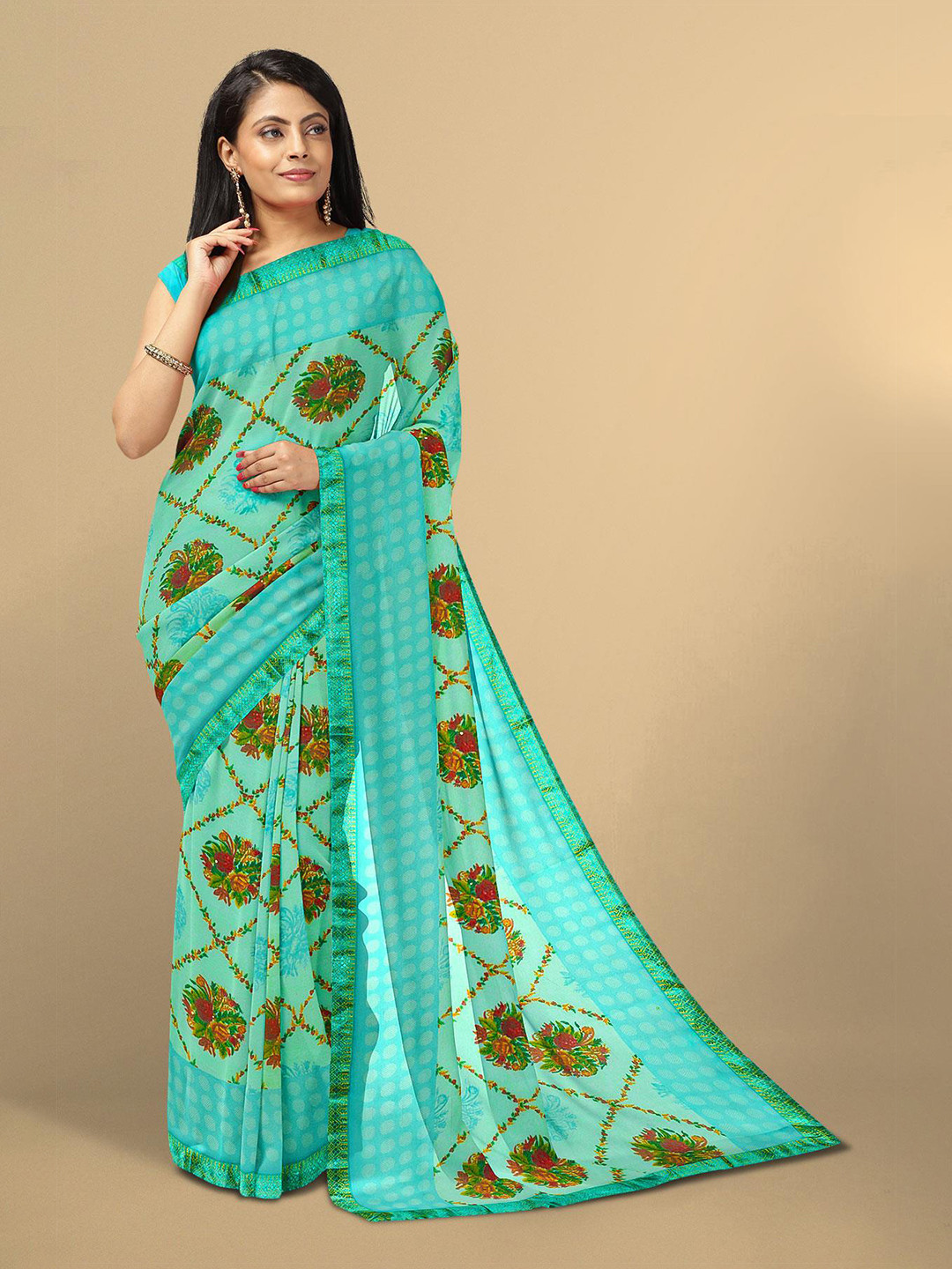

Kalamandir Sea Green & Red Floral Saree