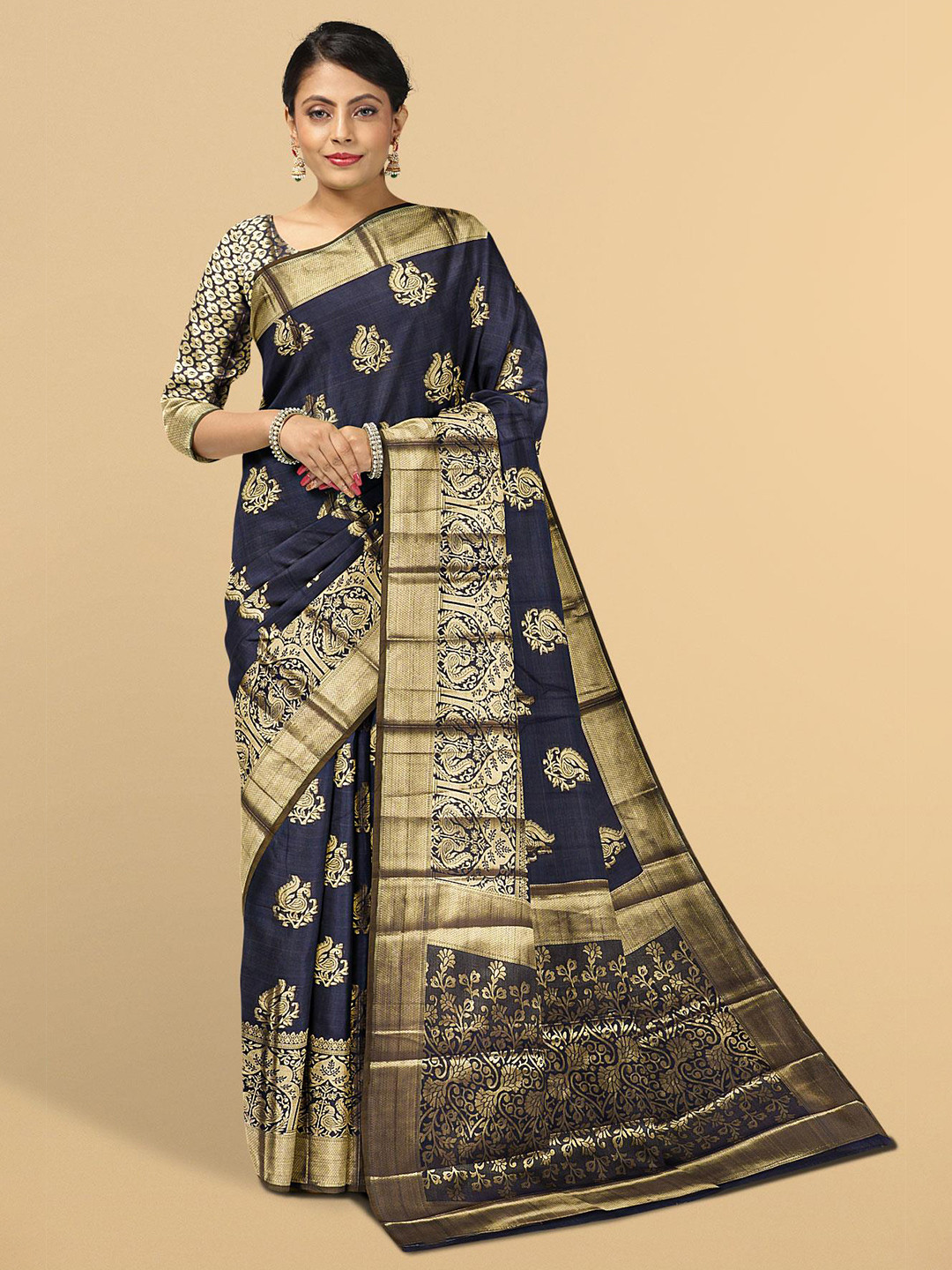 

Kalamandir Navy Blue & Gold-Toned Woven Design Zari Silk Blend Saree