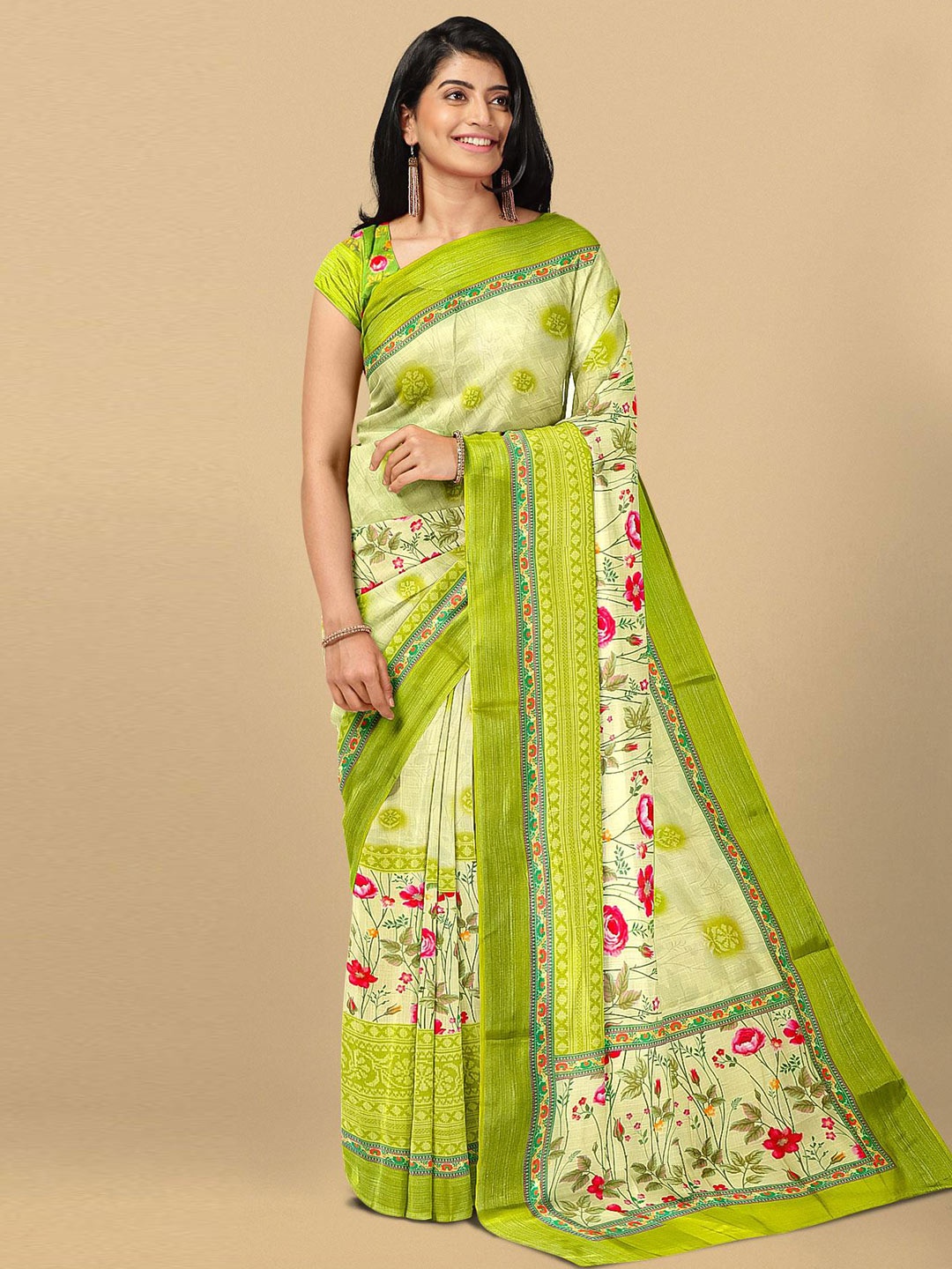 

Kalamandir Beige & Green Floral Pure Linen Saree