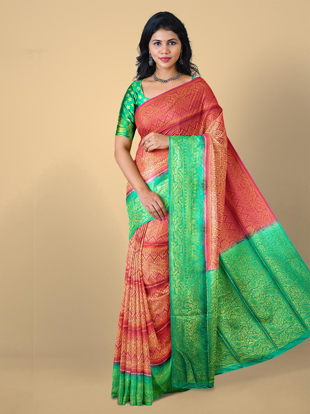 

Kalamandir Pink & Green Ethnic Motifs Zari Silk Blend Banarasi Saree