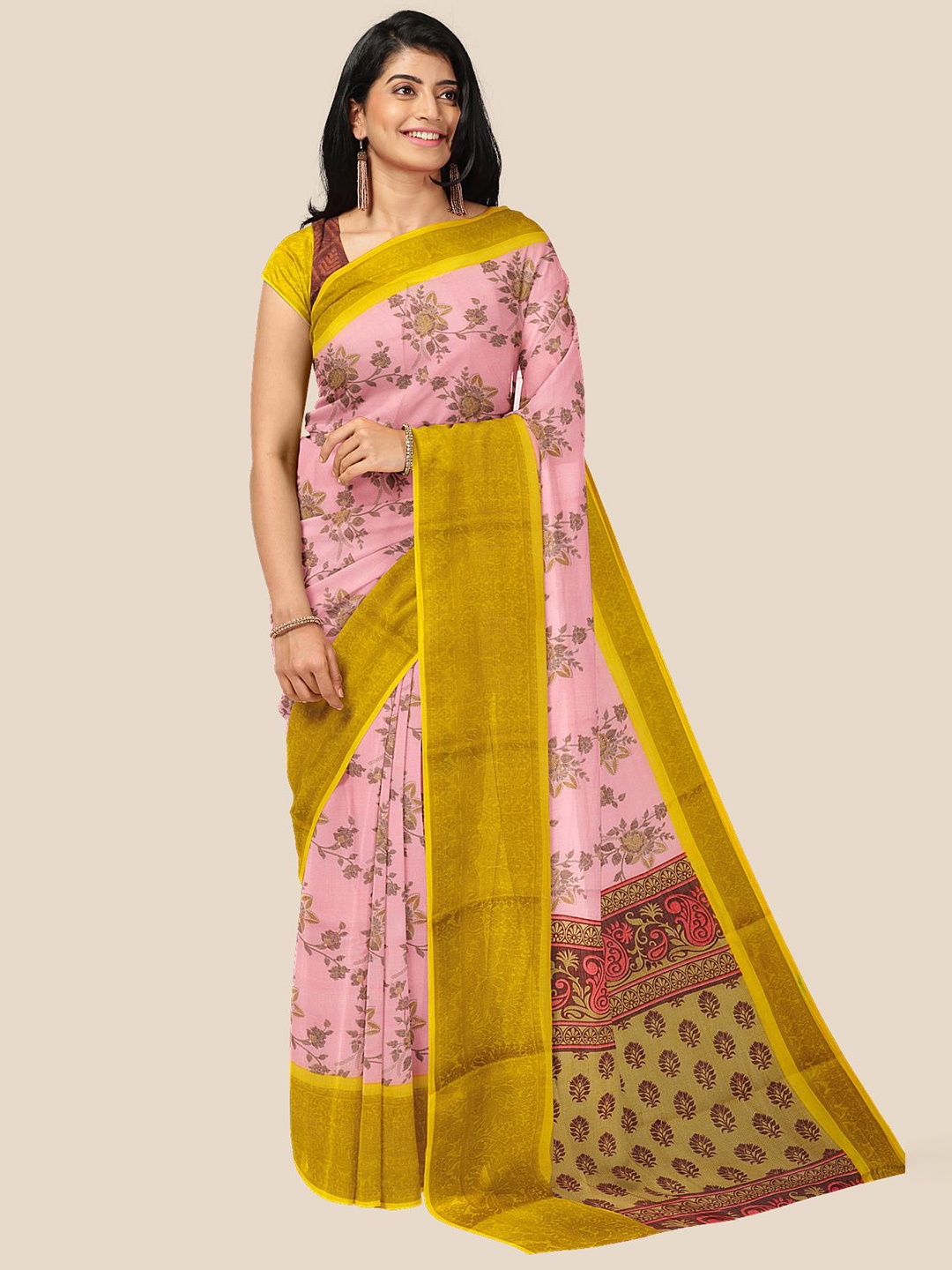 

Kalamandir Peach-Coloured & Mustard Floral Pure Linen Saree