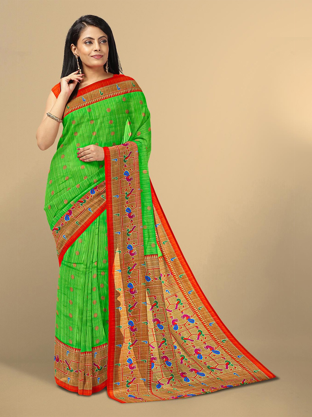 

Kalamandir Green & Red Pure Linen Saree