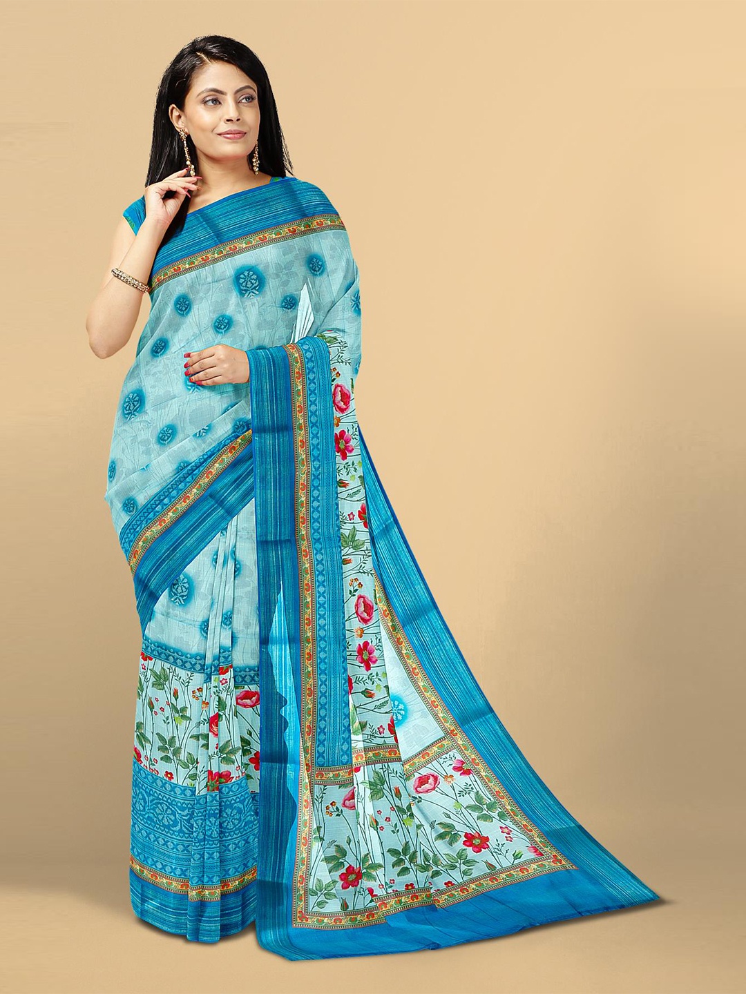 

Kalamandir Blue & Red Floral Pure Linen Saree